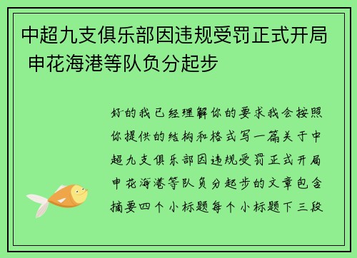 中超九支俱乐部因违规受罚正式开局 申花海港等队负分起步