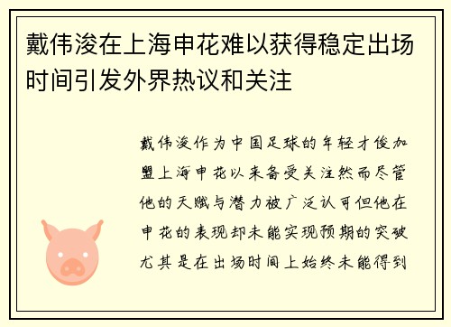戴伟浚在上海申花难以获得稳定出场时间引发外界热议和关注